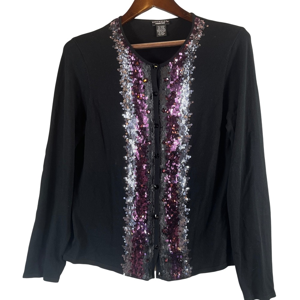 Doncaster Collection Black Sequin Cardigan Large Purple Silver Embellished